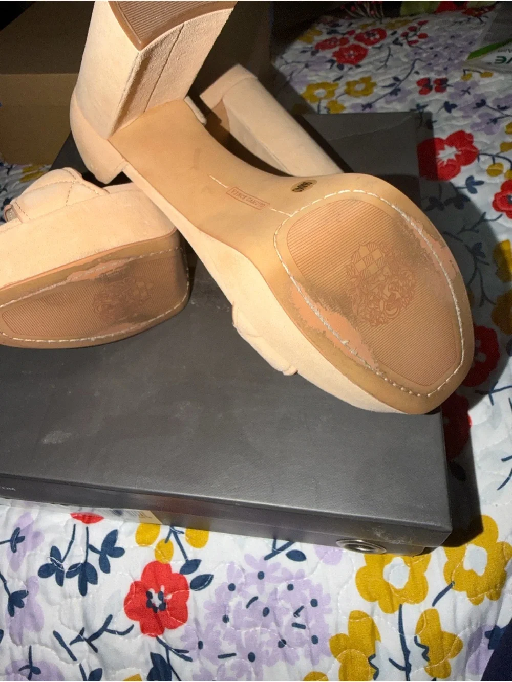 Vince Camuto Quilted Nude Suede Block Heel Sandals
